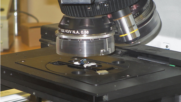 Blue diamond being analyzed with an FTIR spectrometer Blue diamond being analyzed with an FTIR spectrometer