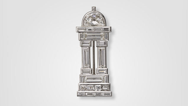 Figure 3. “Temple” brooch, Cartier Paris for Cartier New York, 1927. Half-moon, baguette-cut, and square diamonds set in platinum. The baguette-cut technique, used by Cartier beginning in the early 1910s, became highly fashionable in the 1920s. Courtesy of the Cartier collection. Figure 3. “Temple” brooch, Cartier Paris for Cartier New York, 1927. Half-moon, baguette-cut, and square diamonds set in platinum. The baguette-cut technique, used by Cartier beginning in the early 1910s, became highly fashionable in the 1920s. Courtesy of the Cartier collection.