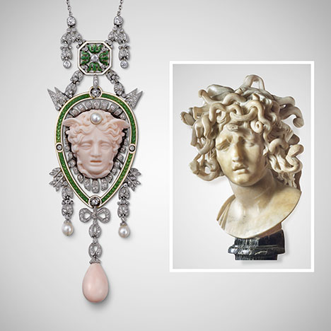 Figure 4. Left: “Head of Medusa” pendant, Cartier Paris, 1906. This pendant incorporating a Medusa head in a garland-style setting is characteristic of the stylistic transitions that took place under Louis Cartier. The cameo and tear-shaped drop are made from angel skin coral, with round old- and rose-cut diamonds, green and white enamel, and natural pearls, set in platinum and gold. Right: “Medusa,” Gian Lorenzo Bernini, 1644–1648. Marble. Courtesy of the Cartier collection (left) and the Capitoline Museums, Palazzo dei Conservatori, Rome (right). Figure 4. Left: “Head of Medusa” pendant, Cartier Paris, 1906. This pendant incorporating a Medusa head in a garland-style setting is characteristic of the stylistic transitions that took place under Louis Cartier. The cameo and tear-shaped drop are made from angel skin coral, with round old- and rose-cut diamonds, green and white enamel, and natural pearls, set in platinum and gold. Right: “Medusa,” Gian Lorenzo Bernini, 1644–1648. Marble. Courtesy of the Cartier collection (left) and the Capitoline Museums, Palazzo dei Conservatori, Rome (right).
