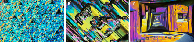 Figure 12. False-color DIC images of typical surface textural features in rough diamond. These include trigons (A), hillocks (B), and tetragons (C). Photomicrographs by Nathan Renfro; fields of view 0.72 mm (A), 1.44 mm (B), and 2.88 mm (C). Figure 12. False-color DIC images of typical surface textural features in rough diamond. These include trigons (A), hillocks (B), and tetragons (C). Photomicrographs by Nathan Renfro; fields of view 0.72 mm (A), 1.44 mm (B), and 2.88 mm (C).
