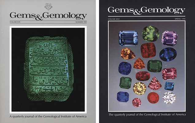 Figure 2. Left: The Van Pelts’ first G&G cover (Summer 1981) featuring the 217.8 ct engraved Mogul emerald. Right: Taken in a single shot, these gemstones demonstrate the Van Pelts’ ability to accurately capture color (Spring 1990). Photos by Harold & Erica Van Pelt.