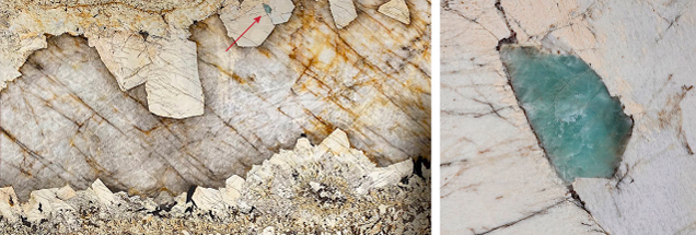 Figure 1. Left: The polished pegmatite plate measures 3.28 m × 1.80 m × 2.5 cm and originates from the Governador Valadares area, Minas Gerais, Brazil. At the top of the plate, an unidentified bluish green translucent mineral is present (indicated by the arrow). Right: An enlargement of the 7.1 × 2.9 cm bluish green mineral, which formed in a vacuole between two crystals of perthitic microcline. Photo by Pierre Barbey.