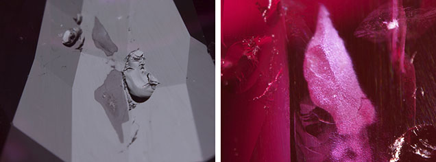 Figure 3. By manipulating different light sources, the filler material is uncovered. While standard lighting shows dull, low-luster patches in the filled cavities (left), fiber-optic illumination reveals a whitish granular texture (right). Photomicrographs by Tsz Wing Lai; fields of view 4.00 mm (left) and 1.50 mm (right). Figure 3. By manipulating different light sources, the filler material is uncovered. While standard lighting shows dull, low-luster patches in the filled cavities (left), fiber-optic illumination reveals a whitish granular texture (right). Photomicrographs by Tsz Wing Lai; fields of view 4.00 mm (left) and 1.50 mm (right).