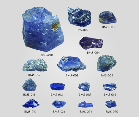 Figure 1. A selection of 15 studied sapphire samples from Baw Mar, ranging from 0.210 to 4.075 ct, as described in table 1. Photos by Arkar Moe Myint.