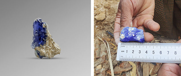 Figure 6. Left: A high-quality sapphire crystal from Baw Mar (~15 × 18 × 9 mm) with alkali feldspar matrix. Right: A low-grade translucent sapphire crystal shown by a local miner. Photos by Arkar Moe Myint.