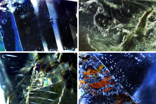Figure 7. Internal features in sapphires from Baw Mar. A: Multiple twinning (sample BMS-003). B: Twin planes with epigenetic boehmite imprints (BMS-003). C: Thin films displaying iridescence in oblique illumination (BMS-006). D: Healed fissures filled with iron oxide fragments (BMS-011), shown in oblique and darkfield illumination. Photomicrographs by Arkar Moe Myint; fields of view 2.15 mm (A), 1.79 mm (B), 1.89 mm (C), and 1.04 mm (D).