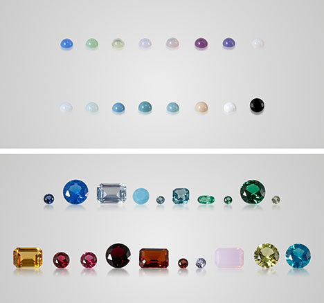 Figure 3. Top: Translucent to opaque glass-ceramic samples (0.10–0.16 ct) examined in this study, from left to right: GC-25 to GC-32 (top row) and GC-33 to GC-40 (bottom row). Bottom: Samples weighing 0.03–1.13 ct, from left to right: GC-101 to GC-110 (top row) and GC-111 to GC-120 (bottom row). Photos by Nuttapol Kitdee. Figure 3. Top: Translucent to opaque glass-ceramic samples (0.10–0.16 ct) examined in this study, from left to right: GC-25 to GC-32 (top row) and GC-33 to GC-40 (bottom row). Bottom: Samples weighing 0.03–1.13 ct, from left to right: GC-101 to GC-110 (top row) and GC-111 to GC-120 (bottom row). Photos by Nuttapol Kitdee.