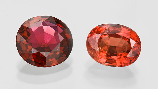 Figure 1. Gem-quality spinel, such as these red (3.31 ct) and orange (2.53 ct) examples from Mogok, Myanmar, have increased in popularity in recent years. Photos by Robert Weldon; courtesy of GIA’s Dr. Edward J. Gübelin collection (left) and Pillar & Stone International (right).