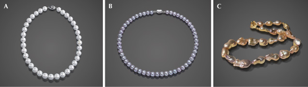 Figure 18. Commercial Chinese BC freshwater pearl varieties. A: Gablily pearl necklace, 11–13 mm round shape. B: “Edison” pearl necklace, 7.3–8.5 mm round shape. C: Soufflé pearl necklace, 13–19 mm baroque-shaped. Courtesy of Angeperle (A), Zhejiang Dongfang Shenzhou Pearl Group Co., Ltd. (B), and Nanchuang Beibei Ji (C).