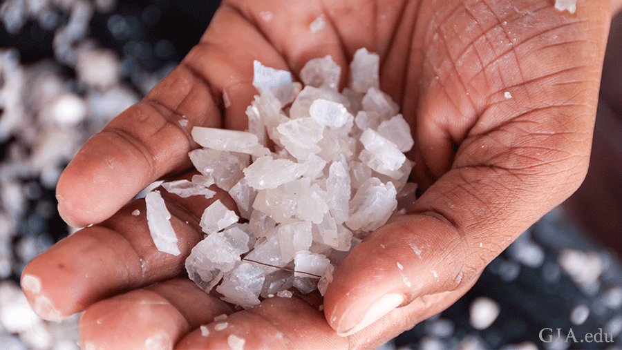 Hand holding pile of rough moonstone, the June birthstone, found in Sri Lanka. 