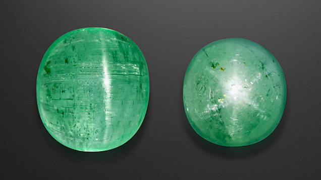 Cat’s-eye emerald (11.31 ct) and star emerald (4.99 ct) from Chitral, Pakistan. Photo by Lhapsin Nillapat; courtesy of Mohammed Ayub (Pretty Little Gem Co, Ltd, Bangkok). Cat’s-eye emerald (11.31 ct) and star emerald (4.99 ct) from Chitral, Pakistan. Photo by Lhapsin Nillapat; courtesy of Mohammed Ayub (Pretty Little Gem Co, Ltd, Bangkok).