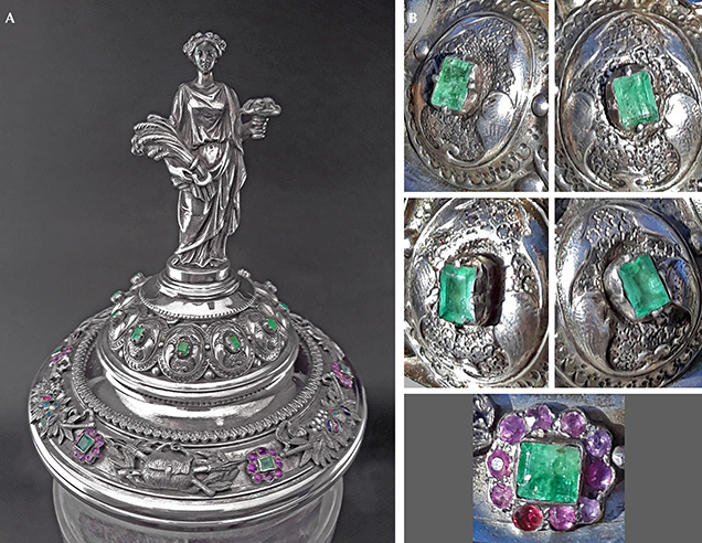 Silver goblet lid containing emeralds, possibly from Habachtal Silver goblet lid containing emeralds, possibly from Habachtal