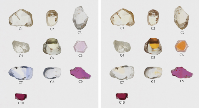 Figure 1. Color-calibrated photos of studied natural corundum crystals from various deposits ranging from 0.44 to 1.28 ct before (left) and after heating at 850°C (right). At this heating temperature, stronger yellow/orange coloration can be created. Photos by Sasithorn Engniwat. Figure 1. Color-calibrated photos of studied natural corundum crystals from various deposits ranging from 0.44 to 1.28 ct before (left) and after heating at 850°C (right). At this heating temperature, stronger yellow/orange coloration can be created. Photos by Sasithorn Engniwat.