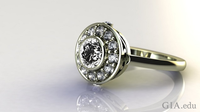 A round brilliant diamond in the center with a band of smaller round brilliant diamonds encircling it. A round brilliant diamond in the center with a band of smaller round brilliant diamonds encircling it.