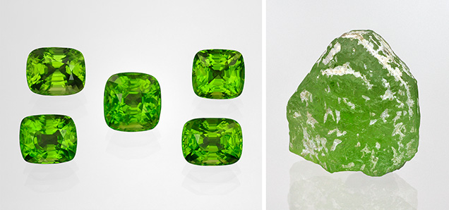 Faceted peridot from the Pyaung-Gaung mine in Mogok Faceted peridot from the Pyaung-Gaung mine in Mogok