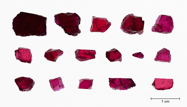 Sixteen samples of facet-quality ruby Sixteen samples of facet-quality ruby