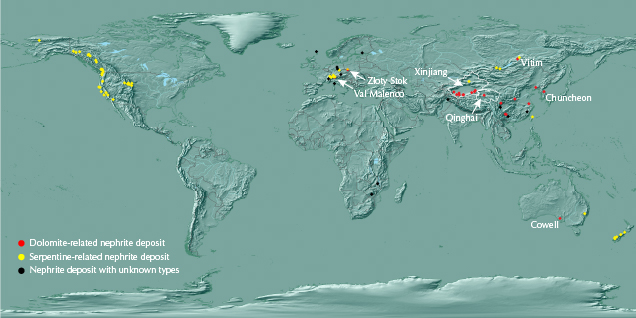 Reported nephrite deposits worldwide Reported nephrite deposits worldwide