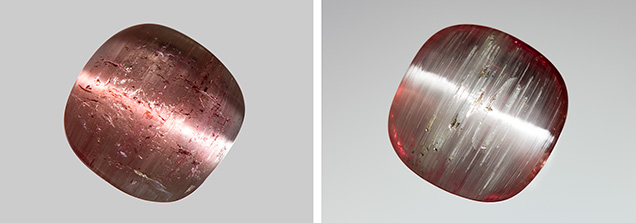 Bicolor tourmaline double cabochon displaying pink and white chatoyant bands on opposite sides.