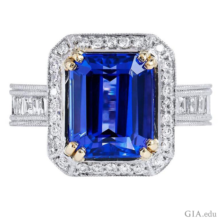  A beautiful deep blue 4.91 carat tanzanite ring with diamonds shows off the December birthstone.