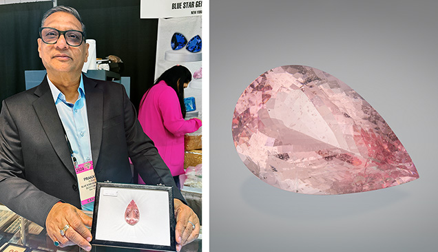 Figure 1. The 236.27 ct pear-shaped untreated morganite from old Madagascar stock was designed by Prakash Chand Vijay, who also oversaw the cutting. Photos by Jennifer Stone-Sundberg (left) and Robert Weldon (right). Courtesy of Blue Star Gems. Figure 1. The 236.27 ct pear-shaped untreated morganite from old Madagascar stock was designed by Prakash Chand Vijay, who also oversaw the cutting. Photos by Jennifer Stone-Sundberg (left) and Robert Weldon (right). Courtesy of Blue Star Gems.