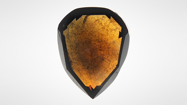 Figure 1. This 1.03 ct natural Fancy Dark brown diamond has uneven color zoning and abundant black inclusions. Infrared absorptions corresponding to carbon dioxide (2370 and 659 cm–1) and carbonate (1433 and 870 cm–1) were detected. Photo by Mei Yan Lai. Figure 1. This 1.03 ct natural Fancy Dark brown diamond has uneven color zoning and abundant black inclusions. Infrared absorptions corresponding to carbon dioxide (2370 and 659 cm–1) and carbonate (1433 and 870 cm–1) were detected. Photo by Mei Yan Lai.