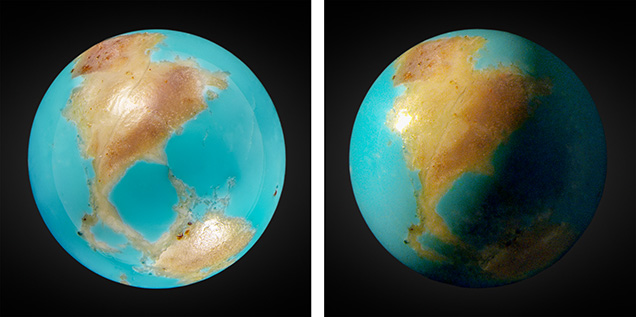 An 84.90 ct sphere of Armenian turquoise measuring 23.70 × 23.88 × 23.91 mm displays a striking resemblance to planet Earth. Left: Diffuse fiber-optic lighting allows the face of the stone to be seen in full. Right: Pinpoint fiber-optic lighting creates an appearance of day and night cast onto Earth. Gifted to GIA’s colored stone reference collection by Gemfab CJSC. Photos by Britni LeCroy. An 84.90 ct sphere of Armenian turquoise measuring 23.70 × 23.88 × 23.91 mm displays a striking resemblance to planet Earth. Left: Diffuse fiber-optic lighting allows the face of the stone to be seen in full. Right: Pinpoint fiber-optic lighting creates an appearance of day and night cast onto Earth. Gifted to GIA’s colored stone reference collection by Gemfab CJSC. Photos by Britni LeCroy.