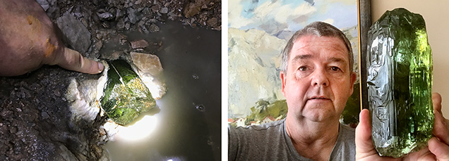 Figure 13. A 1.437 kg (7,185 ct) gem beryl crystal <em>in situ</em> in albite inside a giant heliodor pocket of Pegmatite 521. The crystal was found at a depth of 96 m in one of the Volyn chamber pegmatites in the Korosten Pluton near Volodarsk (now Khoroshiv), Zhytomyr Oblast, Ukraine. Photos by Peter Lyckberg.