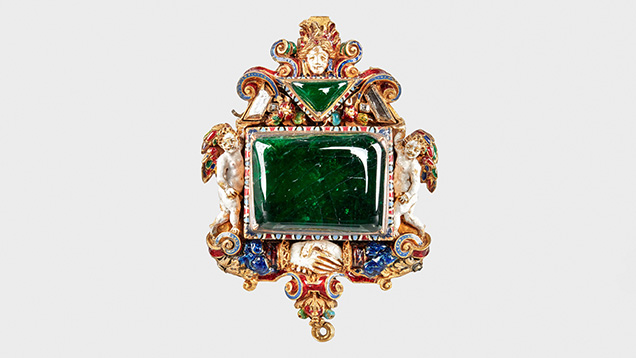 Figure 2. Catherine de’ Medici’s sixteenth-century pendant, measuring approximately 5.5 × 4.0 × 1.4 cm and weighing 52.35 g, in enameled gold with emeralds and four colorless gems (BnF collection no. 56.336). Photo by Serge Oboukhoff; courtesy of the Museum of the National Library of France. Figure 2. Catherine de’ Medici’s sixteenth-century pendant, measuring approximately 5.5 × 4.0 × 1.4 cm and weighing 52.35 g, in enameled gold with emeralds and four colorless gems (BnF collection no. 56.336). Photo by Serge Oboukhoff; courtesy of the Museum of the National Library of France.