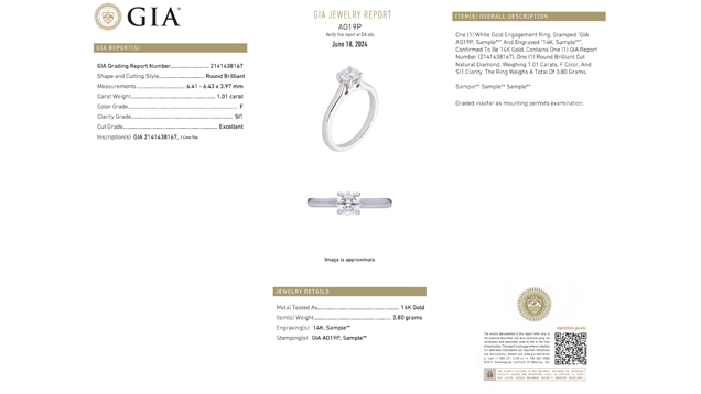 Sample of the GIA Jewelry Report.