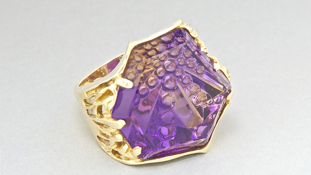 This 18K gold ring boasts a 52.62-ct. ametrine Dreamscape ™ cut by gem designer John Dyer. A gem of this size demands a bold design like this very handsome ring. Courtesy Cassanova's Jewelry This 18K gold ring boasts a 52.62-ct. ametrine Dreamscape ™ cut by gem designer John Dyer. A gem of this size demands a bold design like this very handsome ring. Courtesy Cassanova's Jewelry