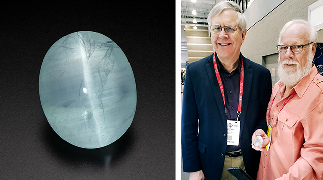 Figure 1. Left: A 586.43 ct cat’s-eye aquamarine donated by Gary Bowersox and Kathleen Kolt-Bowersox to the Smithsonian National Museum of Natural History gem collection. Photo by Robert Weldon; courtesy of the Smithsonian National Museum of Natural History. Right: Dr. Jeffrey Post (left) and Gary Bowersox with the cat’s-eye aquamarine. Photo by Kathleen Kolt-Bowersox. Figure 1. Left: A 586.43 ct cat’s-eye aquamarine donated by Gary Bowersox and Kathleen Kolt-Bowersox to the Smithsonian National Museum of Natural History gem collection. Photo by Robert Weldon; courtesy of the Smithsonian National Museum of Natural History. Right: Dr. Jeffrey Post (left) and Gary Bowersox with the cat’s-eye aquamarine. Photo by Kathleen Kolt-Bowersox.