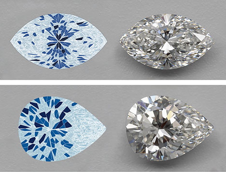 Figure 4. Virtual facet maps of marquise RD197 and pear RD125 are displayed next to virtual images of the stones they represent. In these maps, color is used to classify the size of virtual facets, from small to large: light blue (<0.05 mm), blue (0.05−0.10 mm), and dark blue (>0.10 mm). These examples demonstrate how the virtual facet maps condense the dynamic face-up appearance of a diamond into a static distribution map.