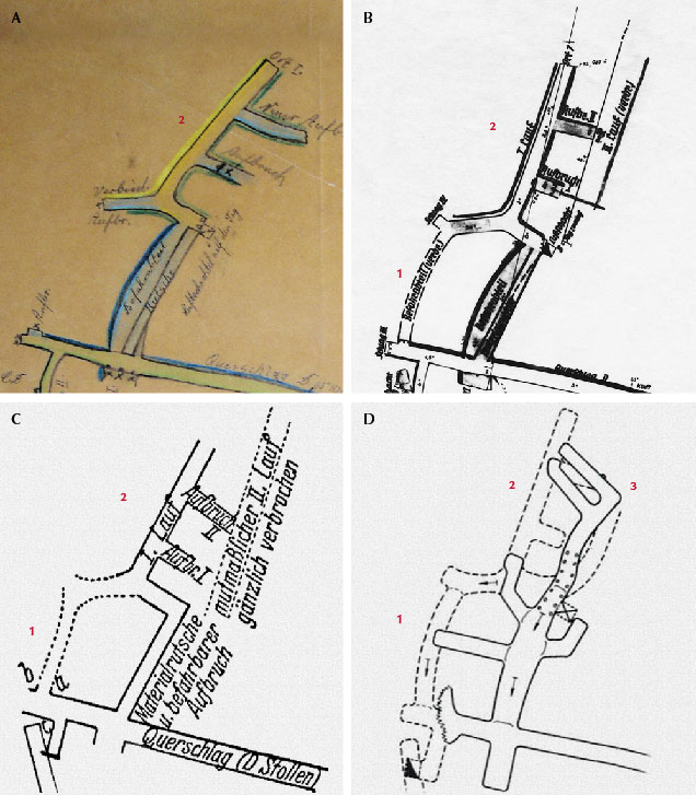 Four maps of a portion of the D gallery at the Habachtal mine Four maps of a portion of the D gallery at the Habachtal mine