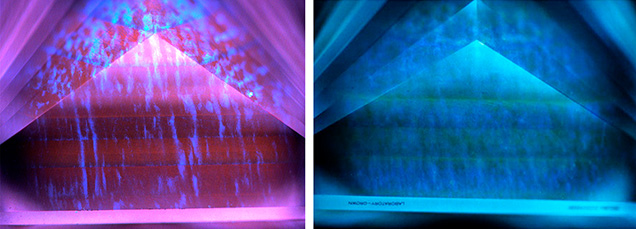 Figure 2. DiamondView fluorescence images collected on the originally submitted CVD-grown diamond (left, from Spring 2022 Lab Notes) exhibited no evidence of post-growth treatment, while the recent submission (right) showed signs of HPHT treatment. Images by Stephanie Persaud (left) and GIA staff (right). Figure 2. DiamondView fluorescence images collected on the originally submitted CVD-grown diamond (left, from Spring 2022 Lab Notes) exhibited no evidence of post-growth treatment, while the recent submission (right) showed signs of HPHT treatment. Images by Stephanie Persaud (left) and GIA staff (right).