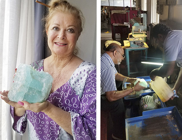 Figure 2. Left: Kathleen Kolt-Bowersox holding the 7,700 ct aquamarine rough before it was cut. Right: The rough aquamarine was cut and polished in Sri Lanka by Rohitha Perera. Photos by Gary Bowersox. Figure 2. Left: Kathleen Kolt-Bowersox holding the 7,700 ct aquamarine rough before it was cut. Right: The rough aquamarine was cut and polished in Sri Lanka by Rohitha Perera. Photos by Gary Bowersox.