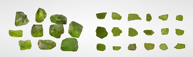 The Pyaung-Gaung peridot rough samples from the study The Pyaung-Gaung peridot rough samples from the study