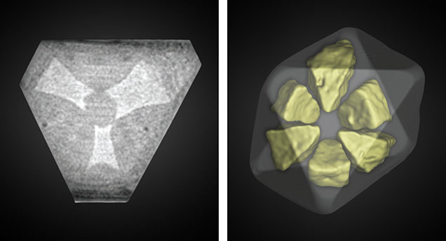 Figure 4. Left: μ-CT cross section of the 8.57 ct diamond. Asteriated growth sectors are observed following the <100> crystallographic directions. While the cloud sectors appear solid, they are actually composed of microscopic inclusions. Right: 3D rendering of the segmented μ-CT image highlighting the asteriated sectors in yellow within the semitransparent diamond.