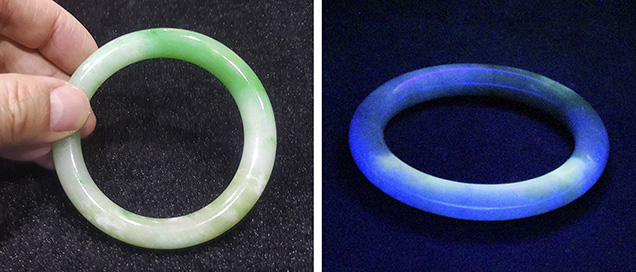 The wax-impregnated bangle (left) showed bluish fluorescence under long-wave UV. The wax-impregnated bangle (left) showed bluish fluorescence under long-wave UV.