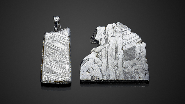Widmanstätten patterns seen on plated meteorites.