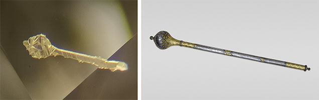 This etch channel seen in the crown facets of a 1.00 ct diamond with SI1 clarity (left) resembled a gada (right), a mace-like weapon wielded by the Hindu god Hanuman. Photomicrograph (left) by Deepak Raj; field of view 0.80 mm. Photo (right) courtesy of the Metropolitan Museum of Art. This etch channel seen in the crown facets of a 1.00 ct diamond with SI1 clarity (left) resembled a gada (right), a mace-like weapon wielded by the Hindu god Hanuman. Photomicrograph (left) by Deepak Raj; field of view 0.80 mm. Photo (right) courtesy of the Metropolitan Museum of Art.