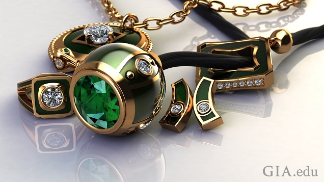 Close-up shot of 18K yellow gold, emerald, enamel and diamond lariet suite, inclusing ring, lariet, pendant and earrings. Close-up shot of 18K yellow gold, emerald, enamel and diamond lariet suite, inclusing ring, lariet, pendant and earrings.