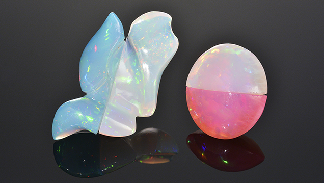 The blue and pink opals were confirmed to be dyed hydrophane opal, likely from Ethiopia. Half of each stone has been bleached using 3% hydrogen peroxide solution.