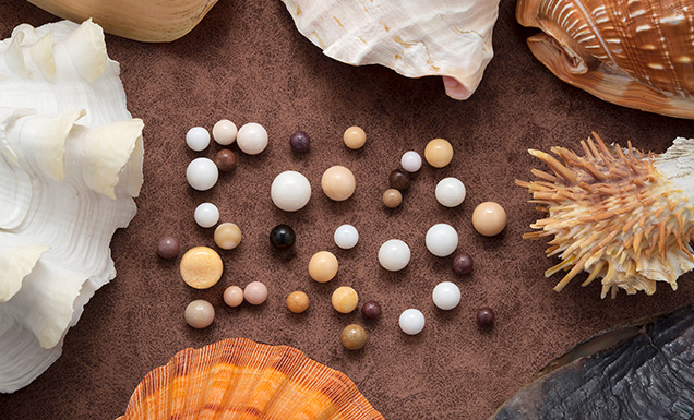 Figure 1. A set of 35 non-nacreous pearls submitted for examination exhibited a variety of colors and surface structures, indicating they were formed by various mollusk species. Photo by Nuttapol Kitdee. Figure 1. A set of 35 non-nacreous pearls submitted for examination exhibited a variety of colors and surface structures, indicating they were formed by various mollusk species. Photo by Nuttapol Kitdee.