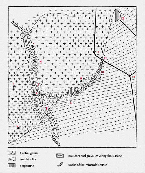 Geological map of rocks found around the Habachtal deposit, East of Habach Creek Geological map of rocks found around the Habachtal deposit, East of Habach Creek