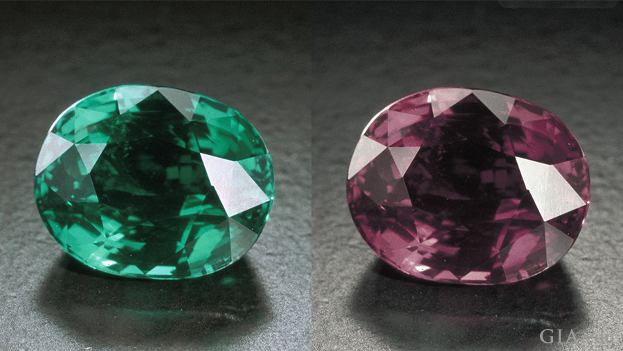 This 7.19-ct alexandrite (as it appears in fluorescent, left, and incandescent, right, illumination) is from the Tunduru region of Tanzania. Photo: Robert Weldon/GIA