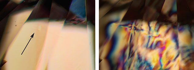 Colorless hole intersecting with cone in pink diamond. Colorless hole intersecting with cone in pink diamond.