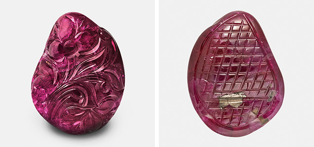Figure 1. The 33.98 ct carved ruby cabochon from Mogok (left) and its highly reflective, soft yellowish arzakite inclusion and whitish fillers on the base (right). Photos by Christopher Smith.