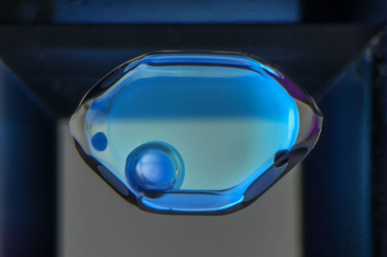 A negative crystal in quartz containing a methane bubble, dark spots of a solid hydrocarbon, water and fluorescent petroleum. Field of view 2.17 mm. ©GIA, photomicrograph by Nathan Renfro