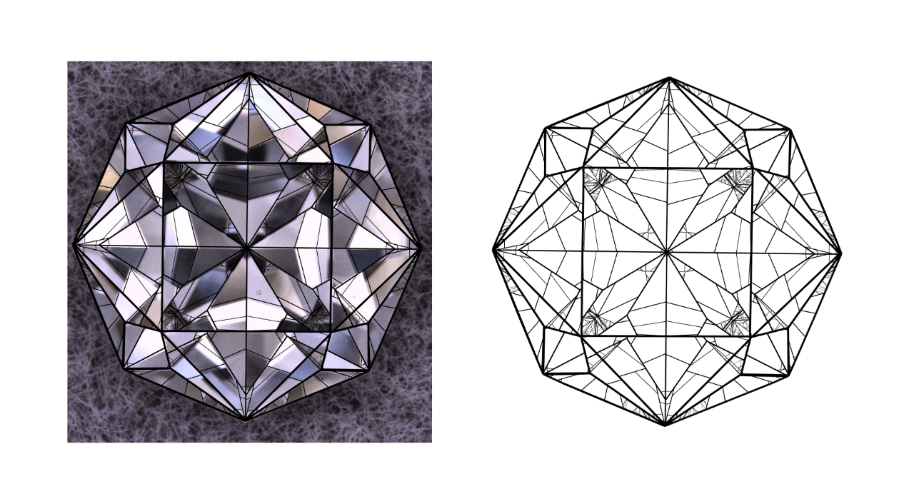 The Jasmine Cut diamond with virtual facet pattern overlaid.