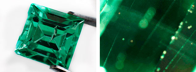 Green synthetic sapphire with clouds of bubbles.